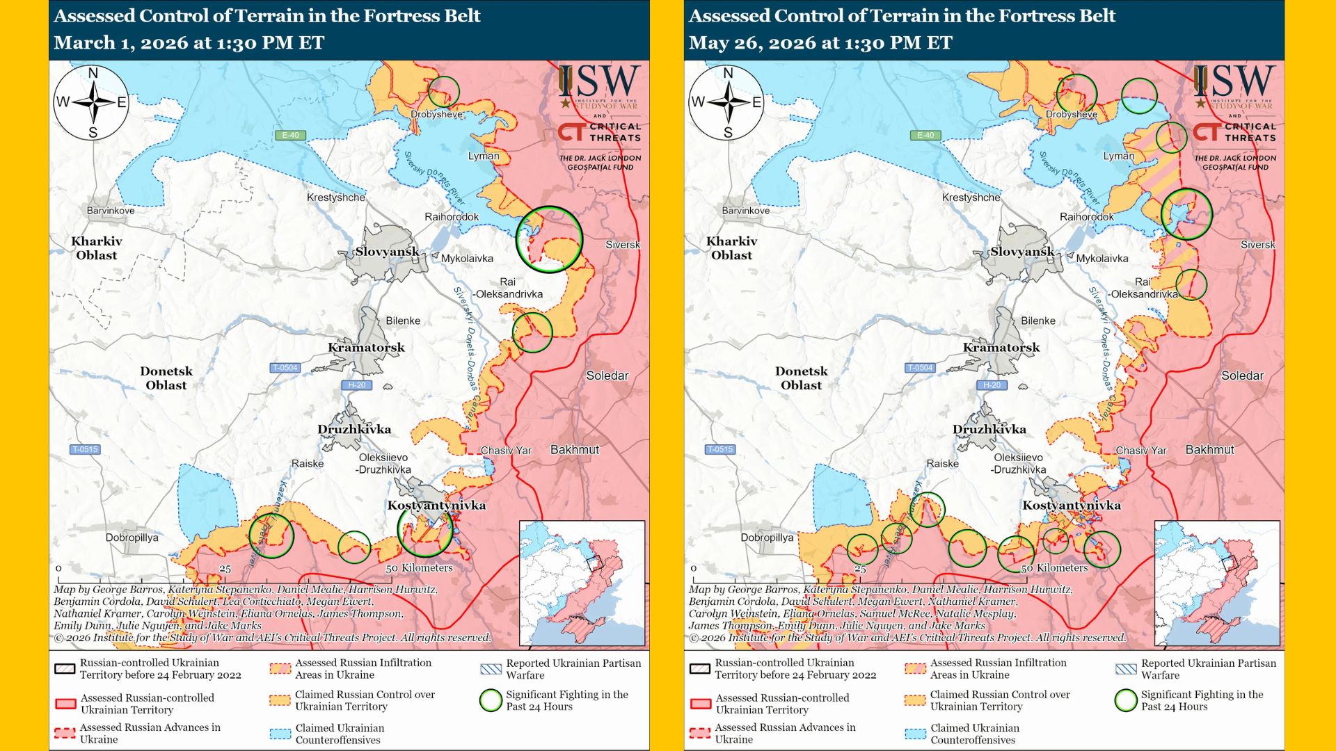 Institute for the Study of War: assessed control of terrain as of March 1, 2026 and May 26, 2026