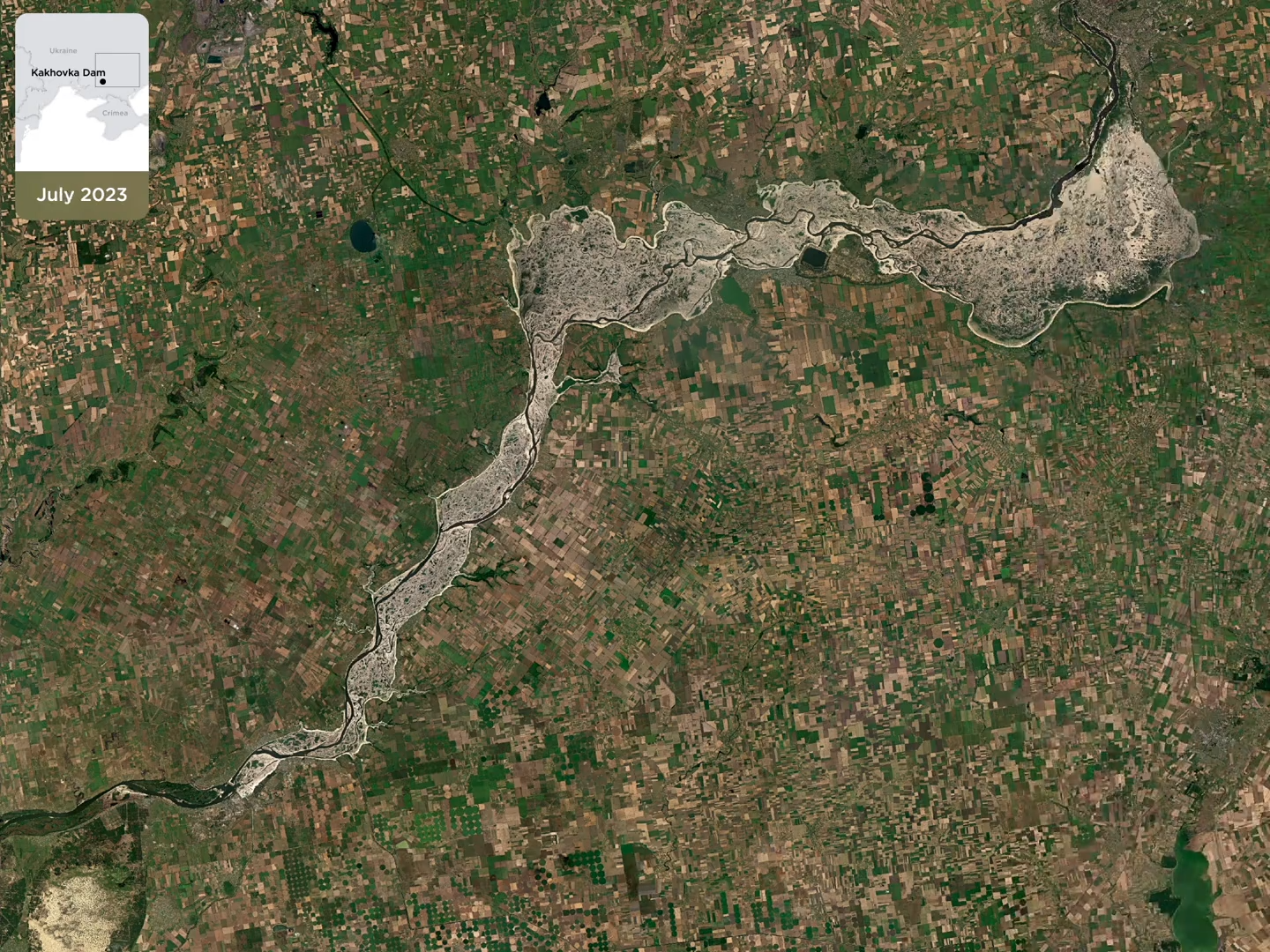 Images from May to July 2023 provide insights into the broader and potential downstream consequences of the destruction of the Kakhovka Dam by Russia. July 2023. Photo credit: Planet Labs PBC