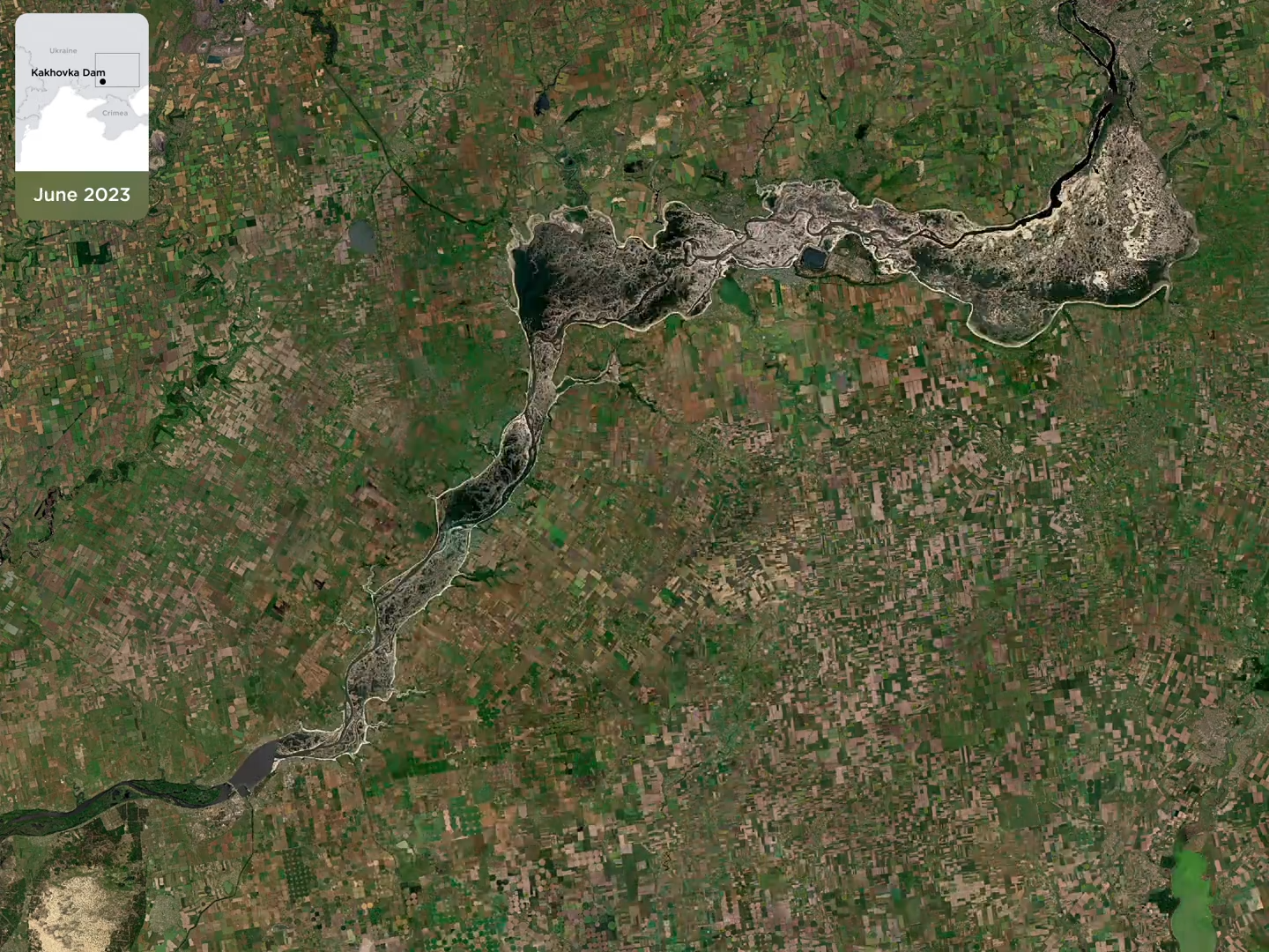 Images from May to July 2023 provide insights into the broader and potential downstream consequences of the destruction of the Kakhovka Dam by Russia. June 2023. Photo credit: Planet Labs PBC
