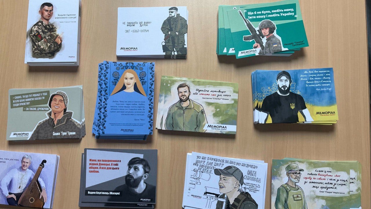 Memory postcards - another Memorial.ua initiative - are available at public events in exchange for a donation made in memory of the fallen. Photo by Memorial.ua.