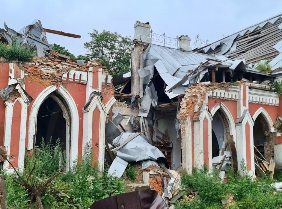 The heavily damaged Chernihiv Regional Library for Youth after a Russian attack. Debris covers the site. Photo credit: World Monuments Fund