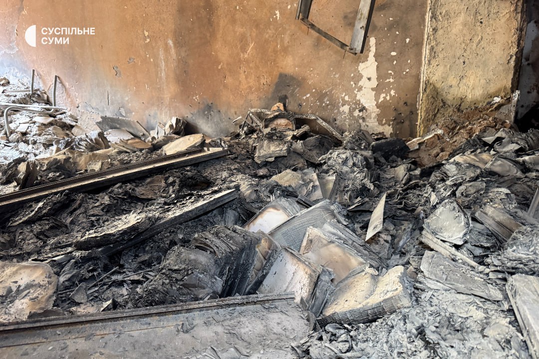 The aftermath of a Russian attack on the library of Sumy State University. Photo credit: Suspilne Sumy